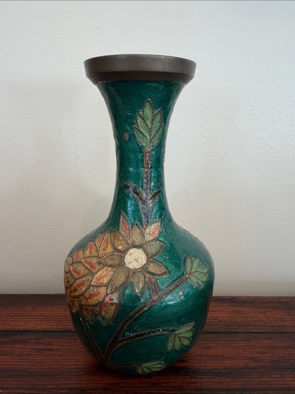 Vintage Green Floral Enameled Brass Vase.